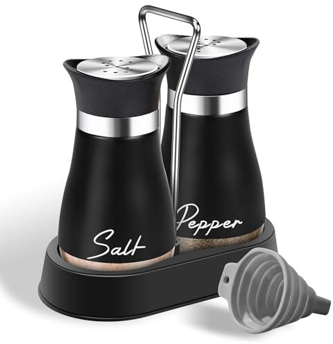 Salz und Pfefferstreuer Set, 2 Stück Glasboden Salzstreuer, Salz Pfefferstreuer mit Halter aus Glas und Edelstahl für Küche, BBQ, Wohnmobil Nachzufüllen und zu Verwenden (Schwarz)