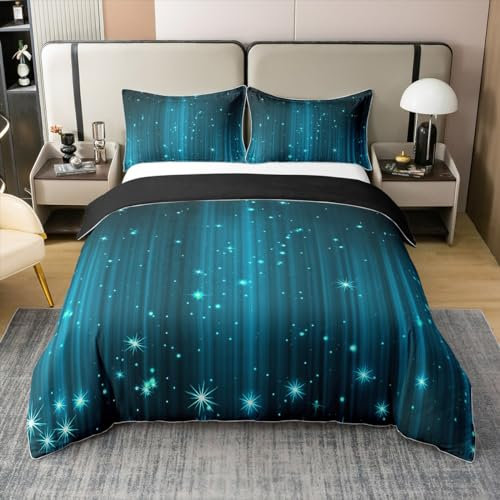 100% Natürliche Baumwolle Türkis Ombre Bettwäsche Set für Kinder Jungen Mädchen Sterne Komfortbezug 135x200 Glitter Ombre Bettbezug Light Stripes Bett Set mit Reißverschluss Verschluss,Weich Warm