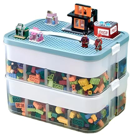 Storage Boxes,Kids Toy Lego Box,Stackable Toys Organizer with Lid,Handle,Plastic Multi Compartment Containers Chest Case for Storing Toys,Jewelry,Beads,Crafts,Tools,Building Blocks (2-Tier Green)