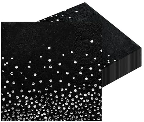 Servietten, 50 Stück Schwarz mit Gepunktete Silber Goldfolie Party Servietten 3-lagig Papier Servierten, Cocktail Serviette 33 x 33cm Papierservietten