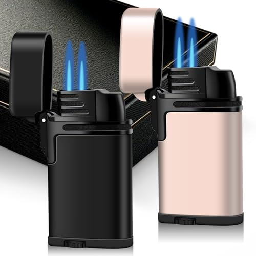 Mini Double Torch Lighter Windproof Butane Refillable Metal Lighters Compact Pocket Gas Torch with Dust Cover, 2 Pack (Butane Not Included) (Black+Rose Gold)
