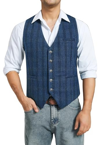 Enlision Weste Anzug Herren Formale Blau V Ausschnitt Herrenweste Tweed Plaid Regular Fit Kariert AnzugWeste für Manner Hochzeits L