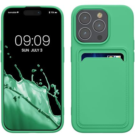 kwmobile Case Compatible with iPhone 15 Pro Case - TPU Phone Cover with Credit Card Holder - Lime Green