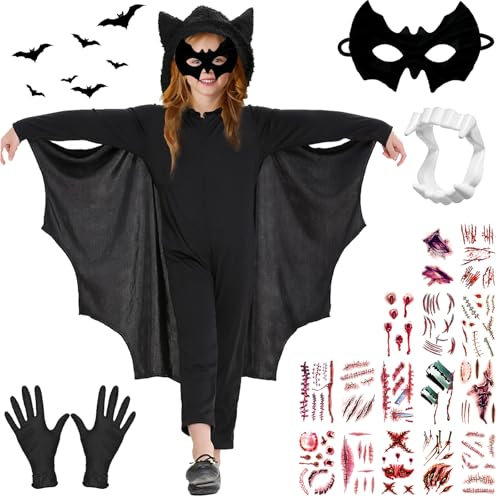AUNGCSHE 18 Pièces Halloween Deguisement, S/M/L/XL, Costume de Chauve Souris Enfant, Dents de vampire, Masque de Chauve Souris, Tatouage Halloween, pour Fille Garçon Halloween Carnaval Cosplay (S)