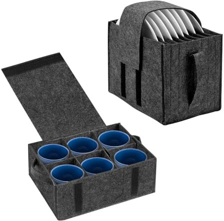 Campervan Storage Ideas, 2pcs Caravan Plate Holder Camping Dinnerware Storage Felt Bag with Cup Holder, Caravan Kitchen Accessories, Plate and Cup Organizer for Caravan/Camping/Kitchen (Black)