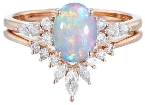 Rikelus 9K 14K 18K Roségold Opal Ehering-Sets, weiße ovale Opal Moissanit Verlobungsring-Sets für sie Frauen Geschenk für Jahrestag Hochzeit Valentinstag (Sterlingsilber)