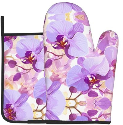 YYHWHJDE Ofenhandschuhe und Topflappen mit Orchideen-Aufdruck, Set mit 2 Stück, zum Öffnen von Topfdeckeln in der Küche und zum Transportieren von Geschirr aus der Mikrowelle