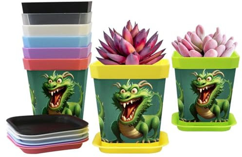 Cartoon Chinese Dragon Plant Pots - 2.75x3.14x1.96 in Square Planters with Connected Saucer, Pots for Succuelnt and Little Snake Plants, Set of 8