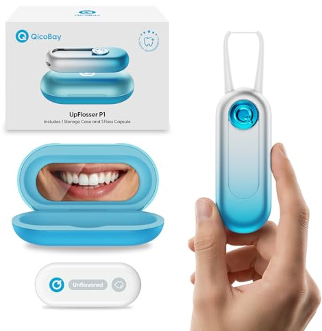 UpFlosser P1 Premium Auto-Restringing Flosser with Replaceable Floss Capsule & Mirror Case, Durable Metal Body, Quick & Deep Clean, Portable Oral Care, Zero-Waste (Special Edition - Glacier Blue)