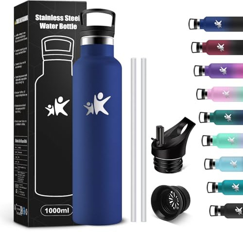 KollyKolla Gourde Isotherme 1L, Bouteille Isotherme Acier Inoxydable, Bouteille d'eau Étanche, sans BPA, Gourde Inox avec Paille, Réutilisable, Gourde pour Fitness, Randonnée, Camping, Cyclisme