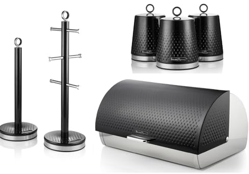 Swan Elegance Black Breadbin, Tea, Coffee, Sugar Canisters, Mug Tree and Towel Pole. Contemporary Matching Kitchen Storage Set with a Premium Textured Black Finish and Stainlesss Steel Accents