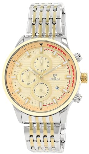 Pierrini Herren Chronograph – Edelstahl Armbanduhr mit Stoppuhr, Datumsanzeige, 45 mm Gehäuse, sportlich-Elegantes Design, lumineszierende Zeiger, 3 ATM wasserdicht (Bicolor/Goldfarben)