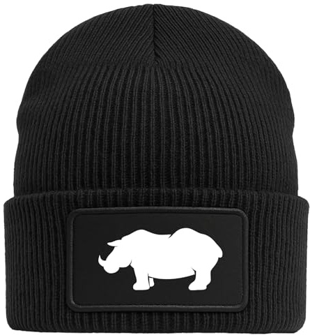 Huuraa Beanie Nashorn Silhouette Geschenk | Black Geschenkidee Schwarze Rippstrick Wintermütze mit austauschbarem Klett Patch