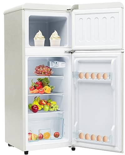 Oslghy Frigorífico Mini 92L, Frigorifico Pequeño con Congelador (28L+64L), Frigorifico Combi con LED, 105,5x41x45,5 cm Frigorífico no Frost con 2 Estantes Ajustables, 116 kWh/año, -27°C∽13°C (White)