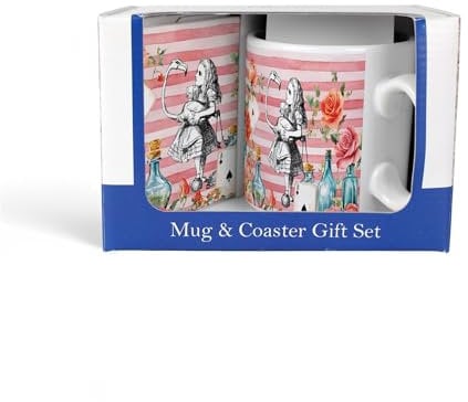 Purely Home Alice's Adventures in Wonderland Mug & Coaster Gift Set - Pink Roses & Flamingos Ceramic Tea/Coffee Cup Present with Coaster