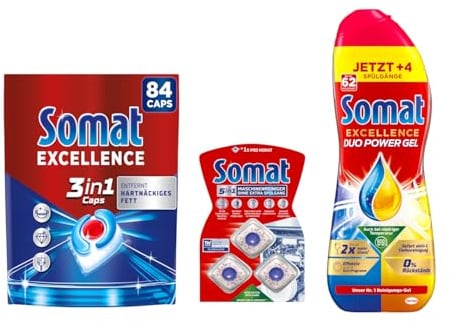 SOMAT Excellence 3in1 Caps 84 Stück 1,52 kg + Duo Power Gel 992 ml + 5in1 Maschinenreiniger 12 Tabs 228 g – effektive Reinigung und Maschinenpflege für strahlendes Geschirr