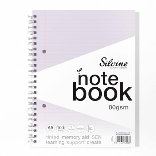 Silvine A5 Lilac Paper Dyslexia Notebook | 100 Wirebound Pages, 80gsm Tinted Paper for SEN Supportive Learning & Memory Aid