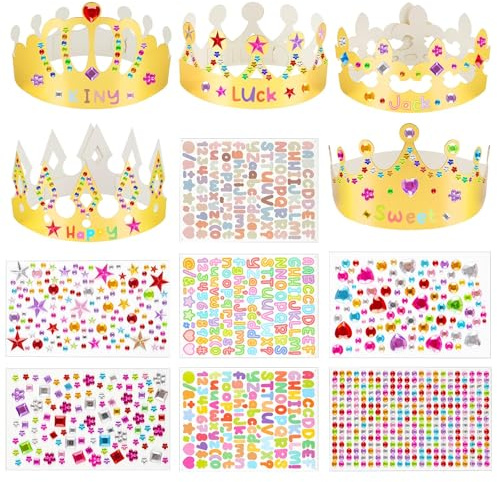 15 styck gyllene papperskronor att dekorera, barnens DIY-krona med rhinestoneklistermärken och bokstäver, barnens födelsedagshatt för fest, prinsessans födelsedag, personlig födelsedagskrona