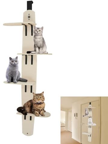 Rascador de madera, montaje en puerta, estantería de pared versátil para gatos de 4 niveles, escalera para gatos, escalador para gatos de interior, 56 x 26 x 170 cm