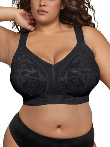 Bodimoda Women's Plus Size Wire-Free Full Coverage Lace Bra | Comfortable Non-Padded Minimizer Lingerie | Supportive Wide Straps | UK Sizes L-8XL (38D-54D) | Black