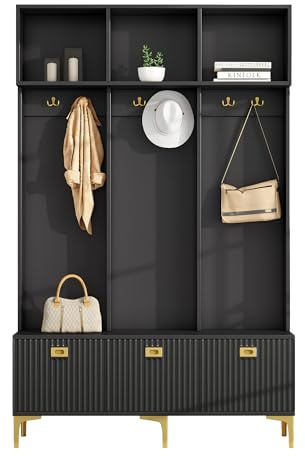 muenfly Garderobenschrank mit Sitzbank, Garderobe Set mit 6 goldenen Haken und Ablagefächer - Flurgarderobe in Schwarz/Gold - 120x40x191.5 cm