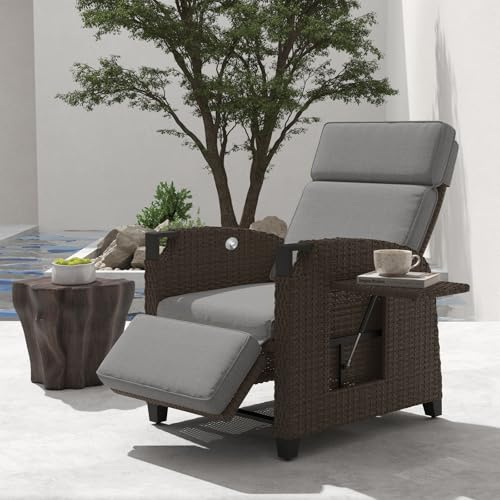 UDPATIO Sillón Ratán Jardin Exterior Reclinable, Tumbona de Jardín Ajustable 150°, con Respaldo Ajustable, Fundas + Extraíbles Cojines, Impermeable, para Interior y Exterior - Marrón