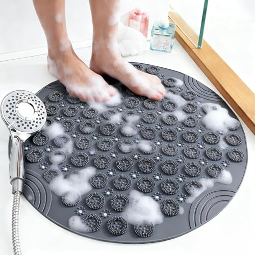 FALSKT Tapis de Douche Antidérapant 55x55cm Rond pour la Douche | Tapis de Bain de Sécurité Confort Doux TEP avec Ventouses Trous de Drainage Tapis de Douche de Massage Moisissure Séchage Rap