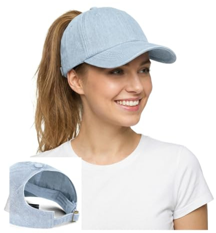 YAMEE Denim-Baseballkappe Damen mit Ponytail,Sonnenkappe Unisex Atmungsaktive,Baseball Cap für Damen Verstellbar,Sonnenhut UV-Schutz,Basecap Damen Sommer