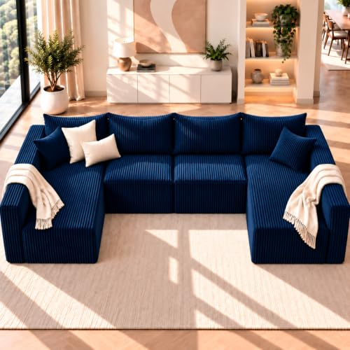 Claiks 325cm Modulares U-förmiges Sofa,Cloud-Sektionalsofas für das Wohnzimmer, Schlafsofa aus Cord mit Memory-Schaum, Keine Montage Erforderlich, Blau