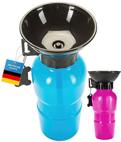 Hunde Trinkflasche mit integriertem Trinknapf Reise Wasserflasche Auto Hundeflasche mit Wasser-Napf 600ml; Blau