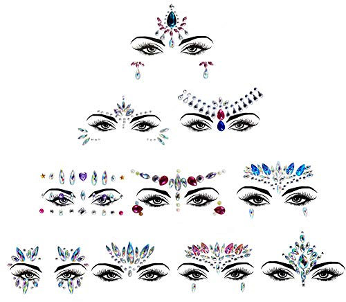 10 set gemme per il viso, Viso Gemme, adesivo in cristallo per gioielli per faccia glitter strass festival tatuaggio temporaneo fronte sopracciglia decorazione per la festa di Halloween di Natale