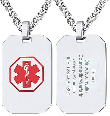 Supcare Custom Dog Tag Necklace SOS Notfall Halskette Silber Kette Lasergravur Anhänger Halsschmuck Militär Armee Hundemarke Kettenanhänger Medical Personalisiert Modeschmuck für Oktoberfest