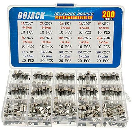 BOJACK 15 Values 200 pcs Fast-Blow Glass Fuses Assortment Kit 5x20mm 250V 1 5 10 15 20A 6x30mm 250V 1 2 3 5 6 7 8 10 15 20A amp packag in a Clear Plastic Box
