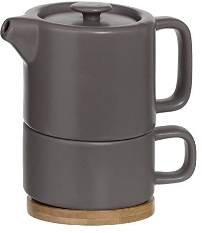 Secret de Gourmet - Théière Solitaire Nature Taupe en céramique avec Tasse amovible intégrée
