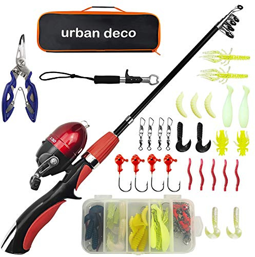 Urban Deco Kids Fishing Pole, Portable Telescopic Rod and Reel Combos Kids Fishing Rod Kit with Tackle Box for Boys,Girls,Youth,Beginner, Starter - Red