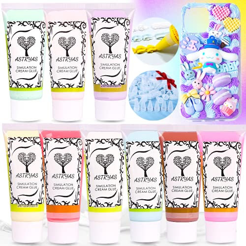 ASTRYAS DIY Phone Case Kit, 9pcs Decoden Cream Clay Glue, Silicone Cream Adhesive Set with 14 Plastic Decorating Tips (Rainbow Color Set)