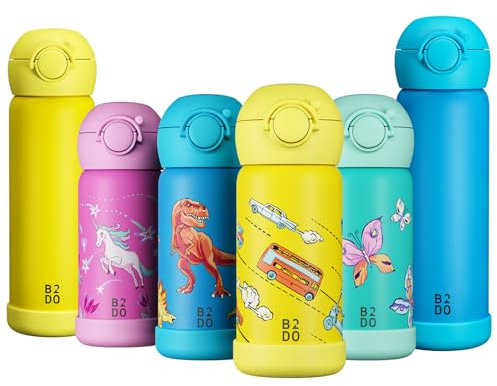 B2DO Isotherme 316 Gourde Enfant 350ml Voiture Jaune | Bouteille Isotherme Antifuite et Isolée pour École | Gourde sans BPA avec Paille pour Enfants