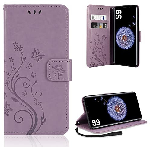 AROYI Lederhülle Kompatibel mit Samsung Galaxy S9 Hülle, Premium Leder Flip Wallet Handyhülle PU Leder Klappbar Handytasche Magnetisch Kartenfach Schutzhülle Kompatibel mit Samsung Galaxy S9 Lila