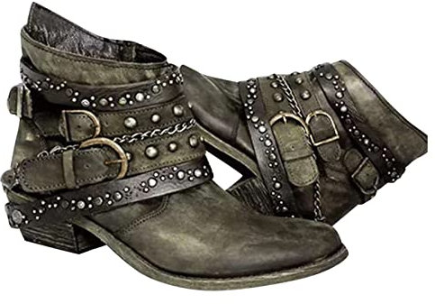 Briskorry Stiefeletten Damen Biker Boots Combat Stiefel Vintage Biker Boots Retro Kurzschaft Westernstiefel Freizeit Chelsea Boots Vintage Knöchelstiefel Cowboy Stiefel mit Blockabsatz, Grün, 42 EU