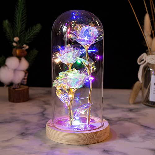 MCDSAJ LED Light Golden Flower Purple Colorful Gold Foil, Light Up Rose Flowers Gift,Rose Flower in Glass Dome, Christmas Rose Gift for her, Anniversary On Any Occasion, Multicolor, 11.5x9x21 cm