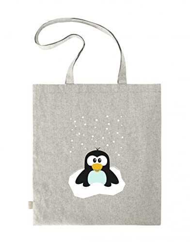 Svanhilde Jutebeutel für Mädchen & Jungen | Tragetasche Baumwolle Kleiner Pinguin im Schnee | Stofftasche Kinder-Stoffbeutel | mit langen Henkel (Hellgrau)