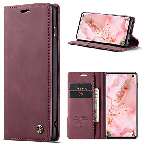 RuiPower Schutzhülle für Samsung Galaxy S10 4G, Premium PU-Leder, Brieftasche [Magnet] [Kartenfach] [Standfunktion] Schutz für Samsung S10 – Weinrot