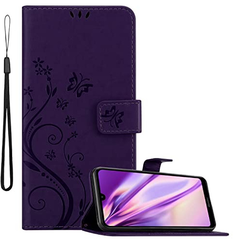 Cadorabo Hülle kompatibel mit Huawei Y7 2019 / Y7 Prime 2019 in FLORAL DUNKEL LILA - Schutzhülle im Blumen Design mit Magnetverschluss, Standfunktion und Kartenfächern