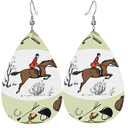 Damen Leder Ohrringe Mode Baumeln Tropfen Ohrringe Reitsport Mit Rotem Reiter Teardrop Ohrringe, Einheitsgröße, Leder Polyvinylchlorid