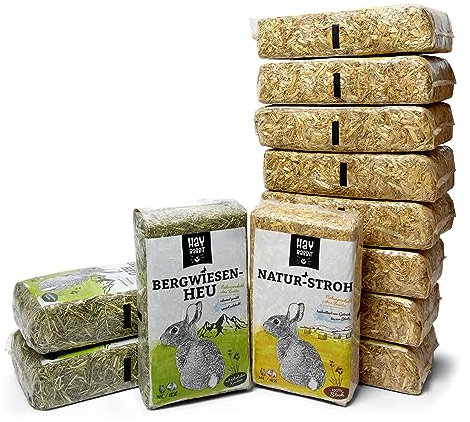 Hayrabbit Naturstroh & Bergwiesenheu - 9kg Stroh und 3kg Heu in 1kg Beuteln verpackt, allergikerfreundlich, Beste Qualität für Kaninchen