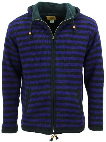 LOUDelephant Cardigan con cappuccio in lana lavorata a mano, Stripe Viola Nero, L