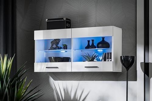 Komodee, Vitrine Schrank Savona, Weiß/Weiß, Breite 100cm x Höhe 50cm x Tiefe 30cm, ohne LED, 2 Glasböden, 2 Türen, für Wohnzimmer, Küche