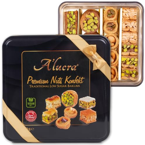 A’lucra 250 g Premium Nuts Konfekt - Traditionell low Sugar Baklava - hochwertige Geschenkverpackung mit einer Schleife - Hand Made mit den besten Zutaten & hohem Nuss Anteil - 100% Vegan