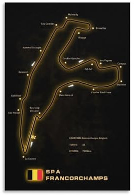 SECOLI Poster sur toile de Spa Francorchamps Circuit Golden Map Impression haute définition pour la maison ou le bureau 20 x 30 cm