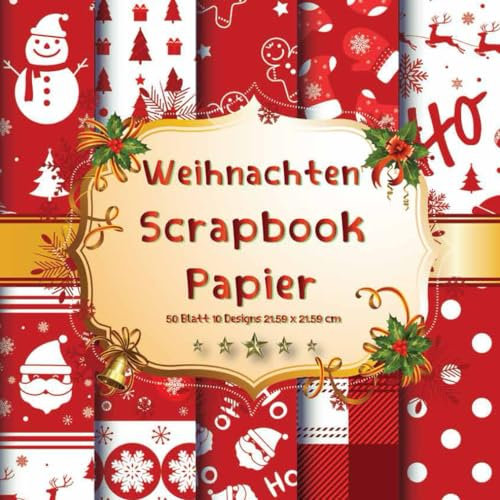 Weihnachten Scrapbook Papier 50 Blatt 10 Designs 02: Premium-Farbinnenraum mit weißem Papier, klare, lebendige Farben, Papiergewicht: 60 Pfund, 90 Gramm pro Quadratmeter, 21,59 x 21,59 cm.